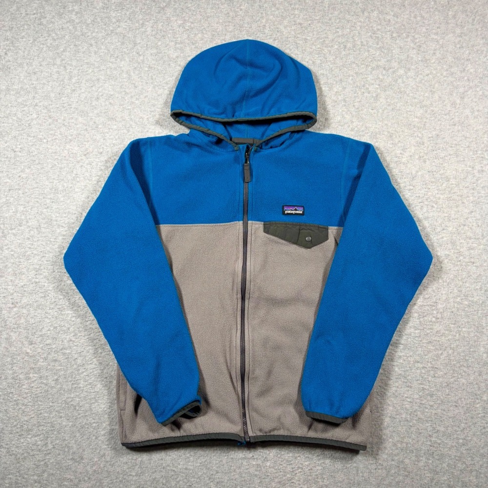Patagonia Micro D Snap-T Fleece Hoodie Kids Large Blue Gray Colorblock 65465
